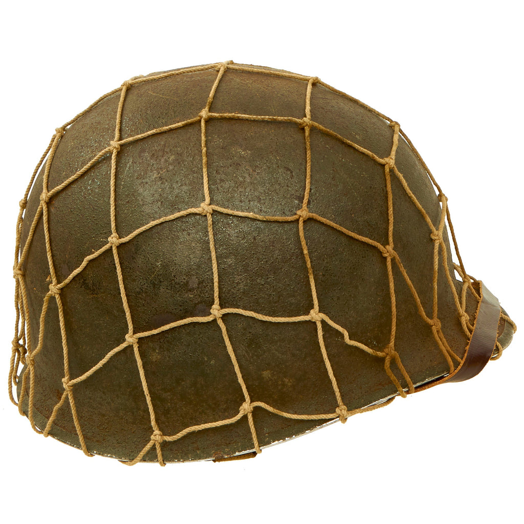 Original U.S. WWII Early 1942 M1 McCord Front Seam Fixed Bale Helmet with Net and Mine Safety Appliance Liner - Complete Original Items