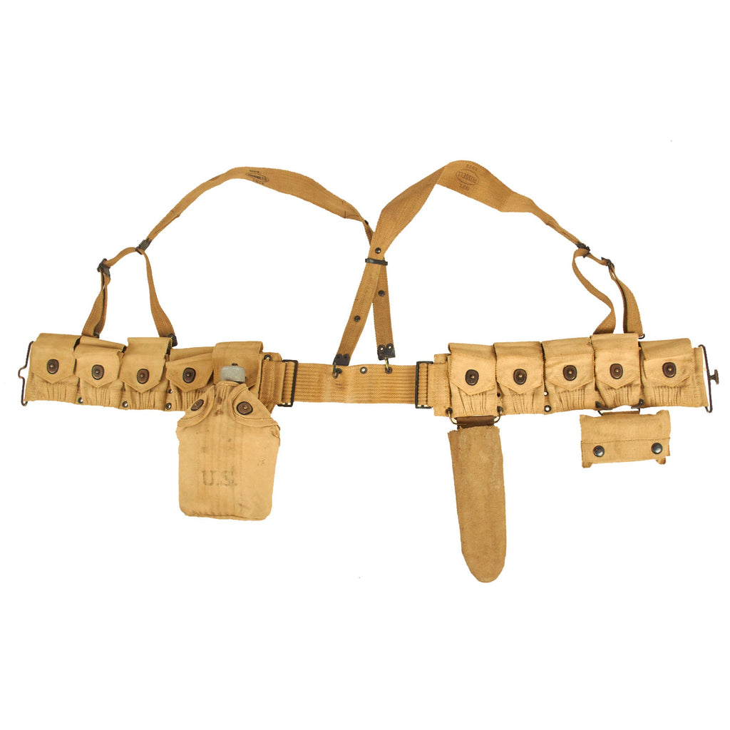 Original WWI U.S. Field Equipment Set: Rifleman’s Belt Rig with Rare M-1907 Suspenders, Wire Cutters with Pouch, M-1910 Cartridge Belt,  Canteen Set & 1918 First Aid Dressing with Pouch Original Items