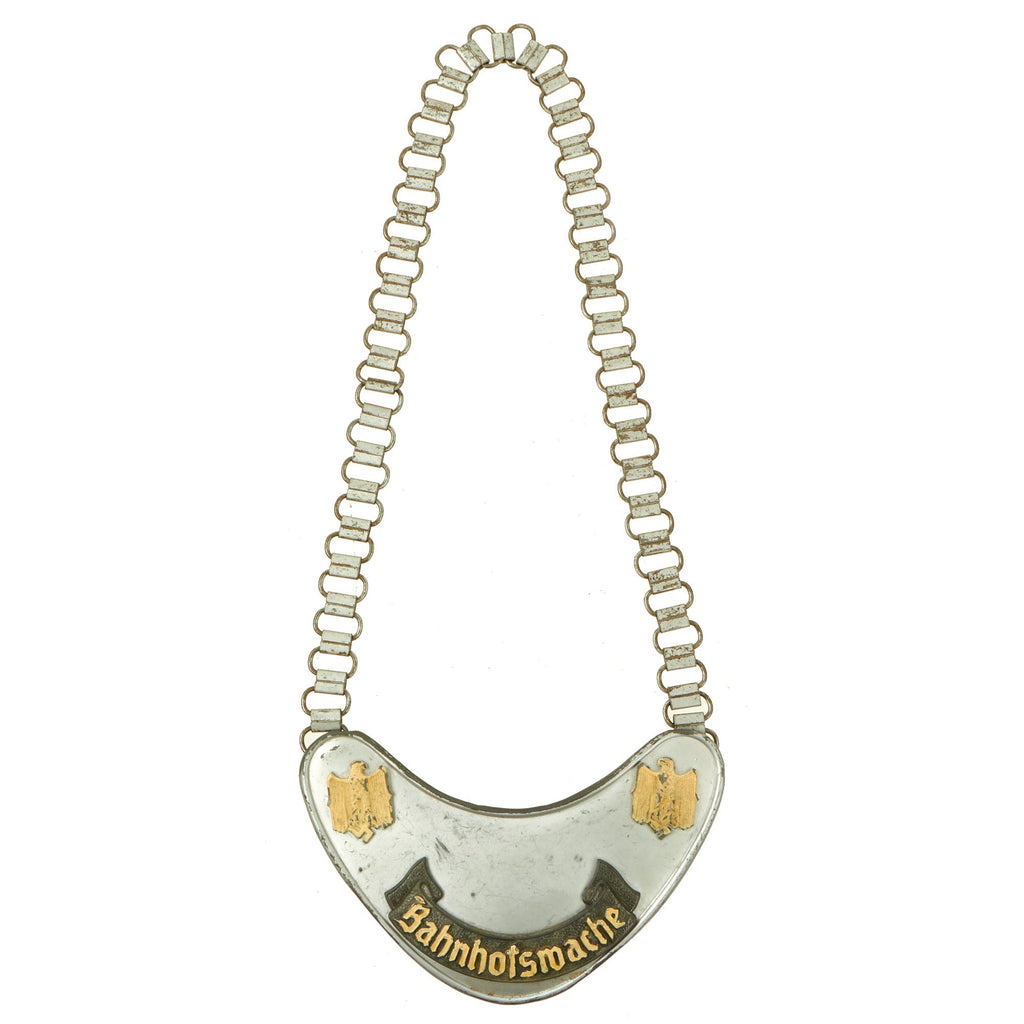 Original German WWII Bahnhofswache Railway Station Guard Gorget with Phosphorescent Paint and Neck Chain Original Items