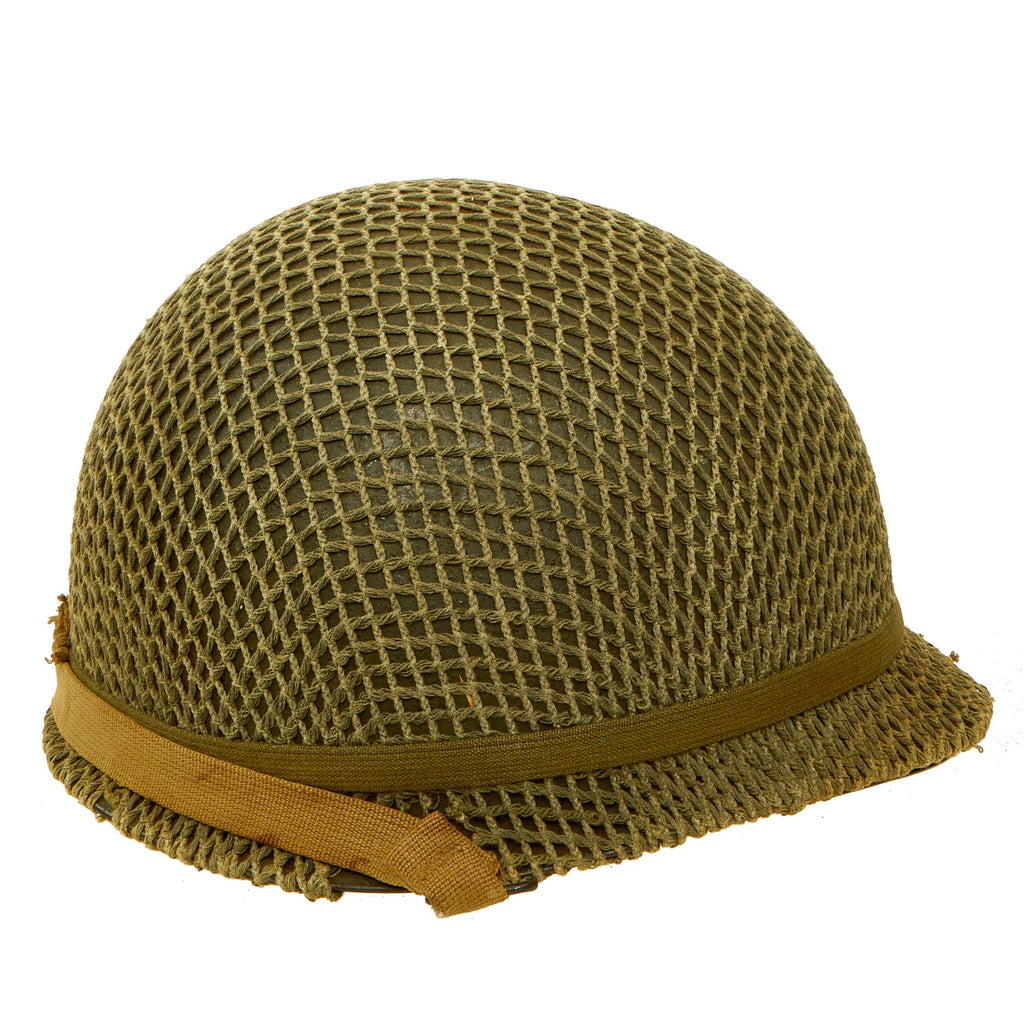 Original U.S. WWII 1945 M1 McCord Rear Seam Swivel Bale Helmet with M44 Net and Westinghouse Liner Original Items