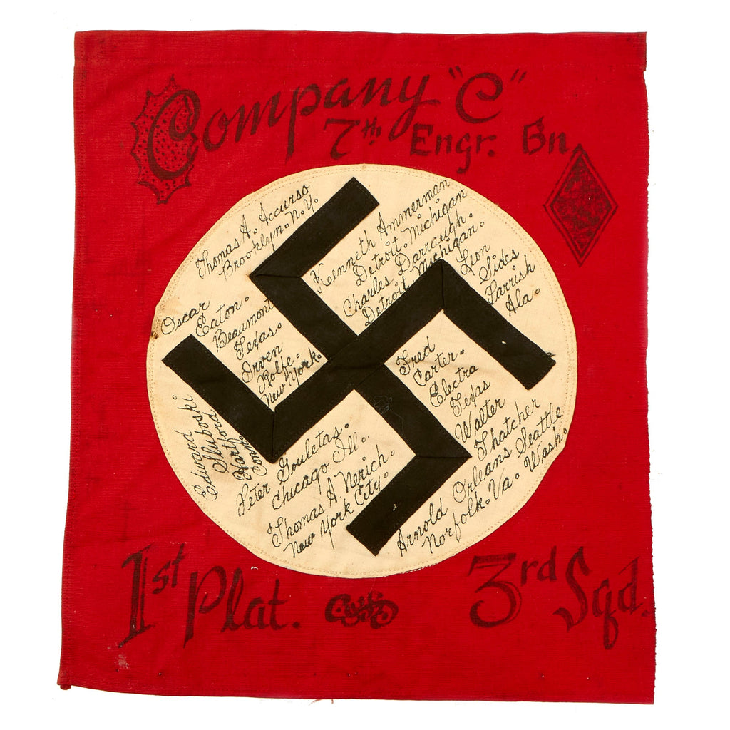 Original German WWII USGI Bring Back Small Flag Signed by Members of Company "C", 7th Engineer Battalion - 11" x 9 3/4" Original Items