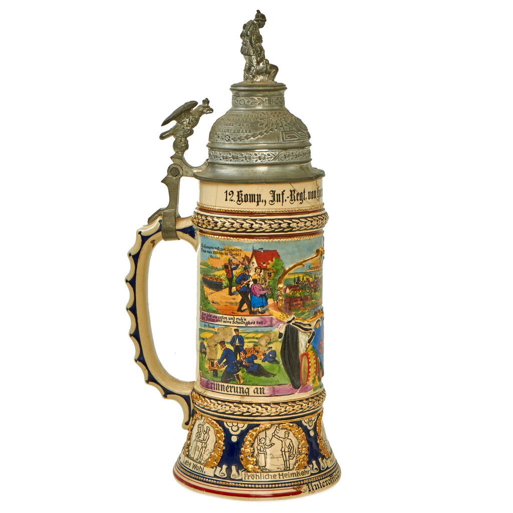 Original Imperial German WWI Era 29th (3rd Rhenish) Infantry Regiment Reservist Beer Stein with Hinged Lid - dated 1913-1914 Original Items