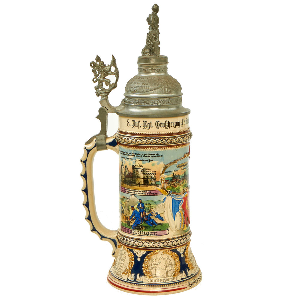 Original Imperial German WWI Era 8th Royal Bavarian Infantry Regiment Reservist Beer Stein with Hinged Lid - dated 1911-1913 Original Items