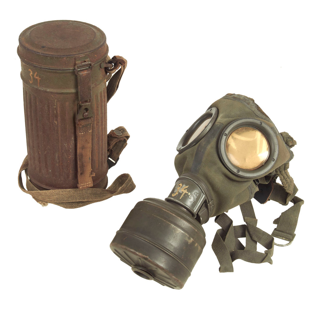 Original German WWII Named M30 2nd Model Size 2 Gas Mask by Auer with Fe 42 Filter, Canister and Accessories - Dated 1937 Original Items