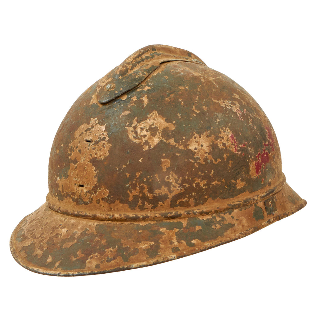 Original French WWI Issue Model 1915 Adrian Helmet Shell with Heavily Worn White Paint with Medic’s Red Crosses & Infantry RF Badge Shadow - Liner & Chinstrap Original Items