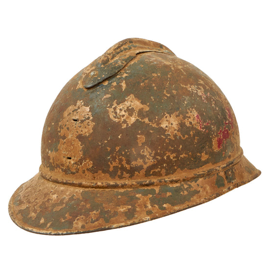 Original French WWI Issue Model 1915 Adrian Helmet Shell with Heavily Worn White Paint with Medic’s Red Crosses & Infantry RF Badge Shadow - Liner & Chinstrap Original Items