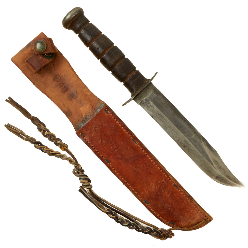 Original U.S. WWII USMC Mark 2 KA-BAR Fighting Knife with Leather Sheath Gifted on Christmas 1944 - Markings Scrubbed Original Items