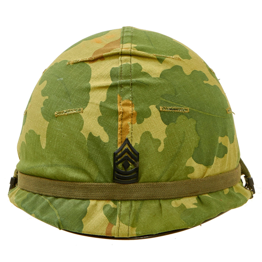Original U.S. Vietnam War Very Clean M1 Helmet with 1974 Dated Reversible Camouflage Cover With Original Period Applied 1st Sergeant Rank and Liner - Complete Original Items