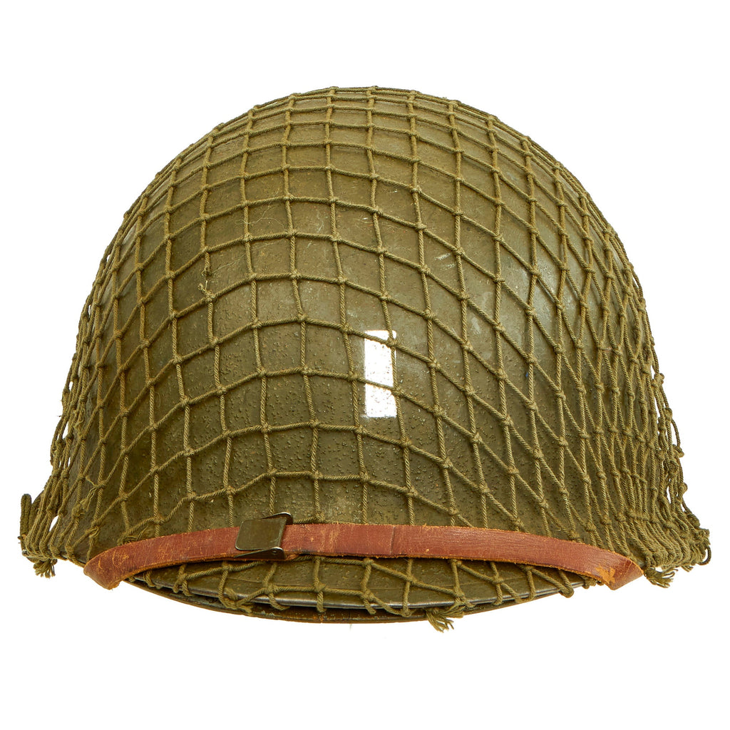 Original U.S. WWII 1945 Lieutenant's M1 Schlueter Swivel Bale Rear Seam Helmet with Firestone Liner & Net Original Items