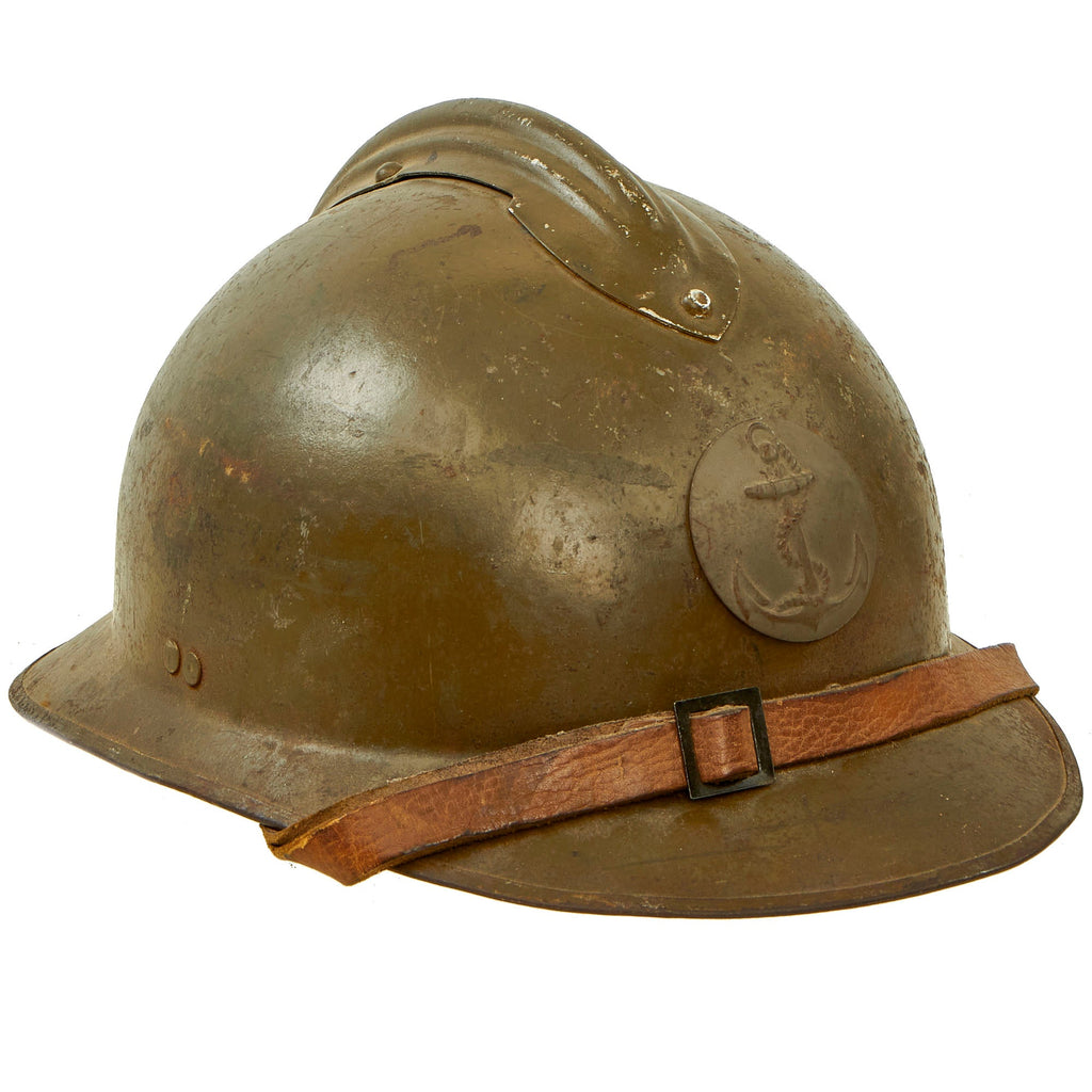 Original French WWII Model 1926 Adrian Helmet with Colonial Navy Badge - Complete Original Items