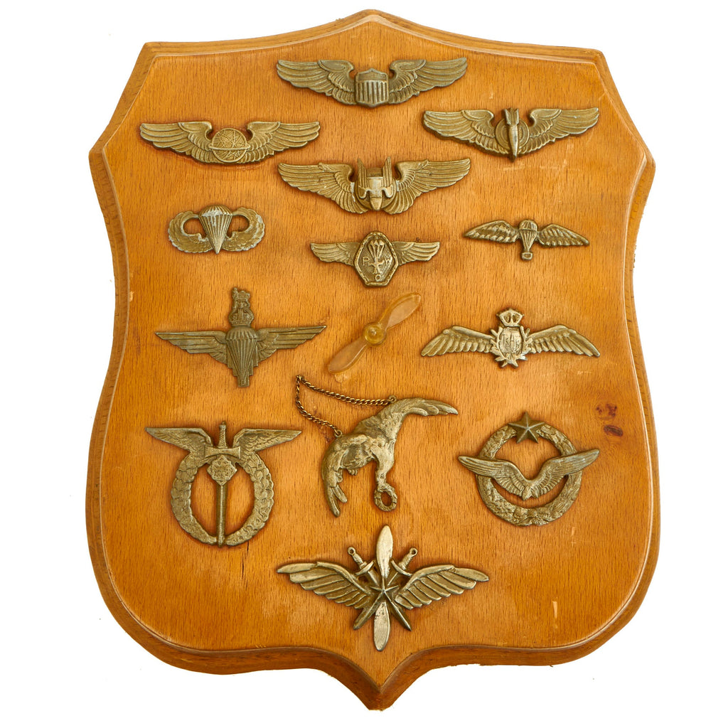 Original U.S. WWII Rare Prisoner of War Camp Made Cast Solder Allied Forces “Wings” On Display Board - 13 Wings Mounted Original Items