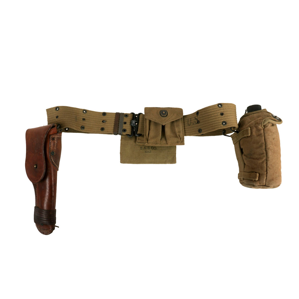 Original U.S. WWII Officer M1936 Pistol Belt, M1911 Holster by Rare Maker Fink, Magazine Pouch, First Aid Pouch and Named M1941 Mounted “Airborne” Canteen Pouch Set Original Items