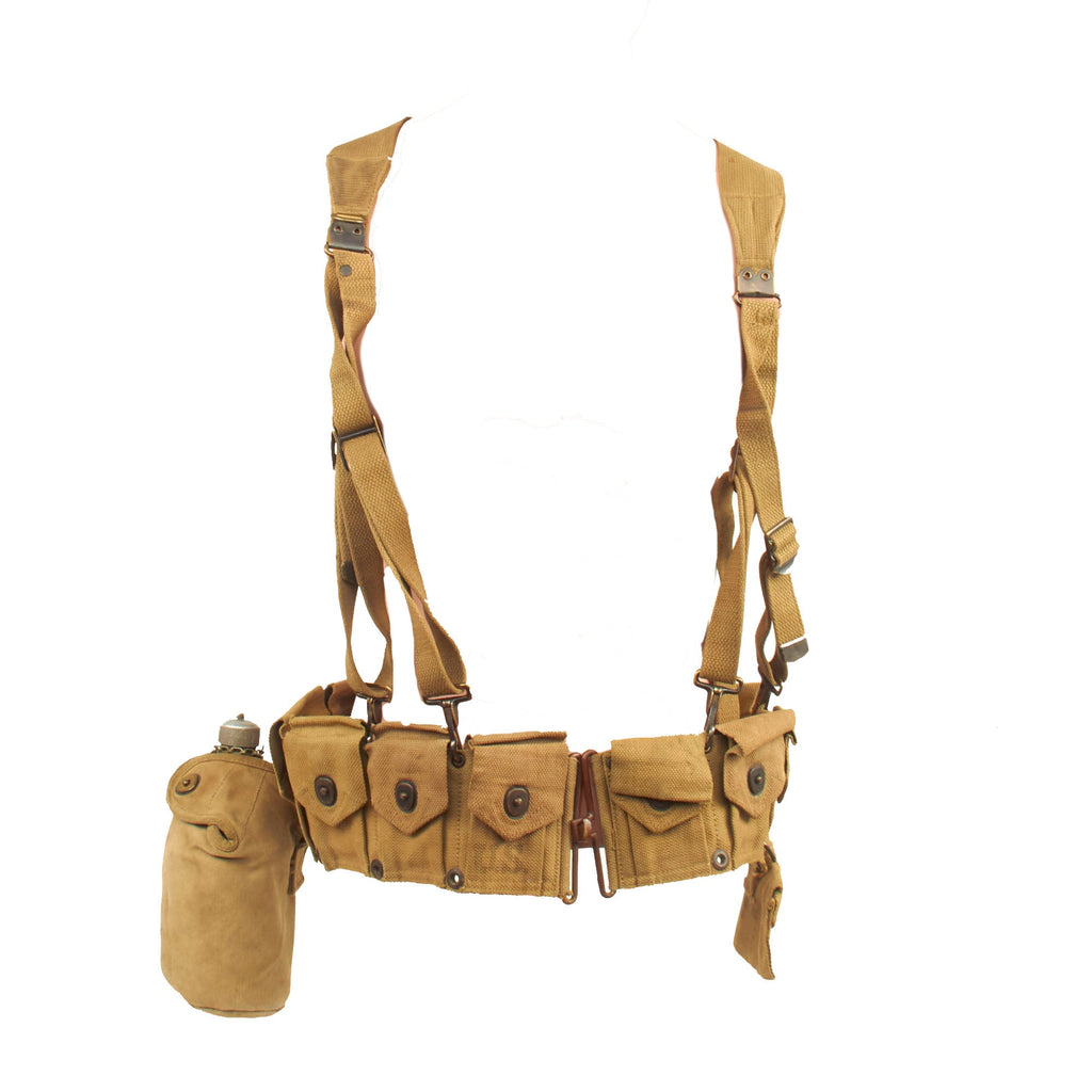 Original U.S. WWII M-1923 Cartridge Belt Rig with M-1936 Suspenders, M-1910 Canteen in WWII Carrier & First Aid Kit Pouch Original Items