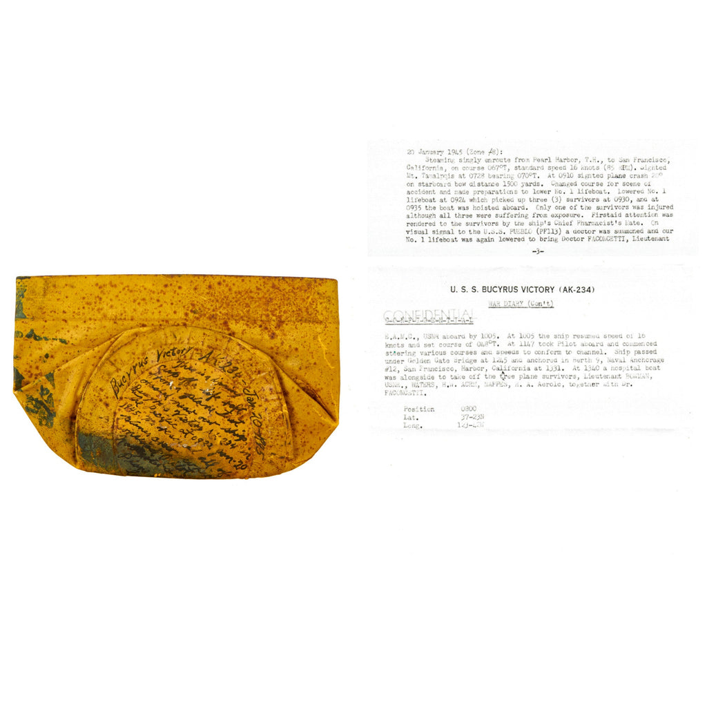 Original U.S. WWII Water Drinking Basin Recovered From Life Raft of Down Aircraft Crew Rescued By U.S.S. Bucyrus Victory With Sailor’s Testament of Events Written on Bottom - Copy of Ship’s War Diary Included Original Items