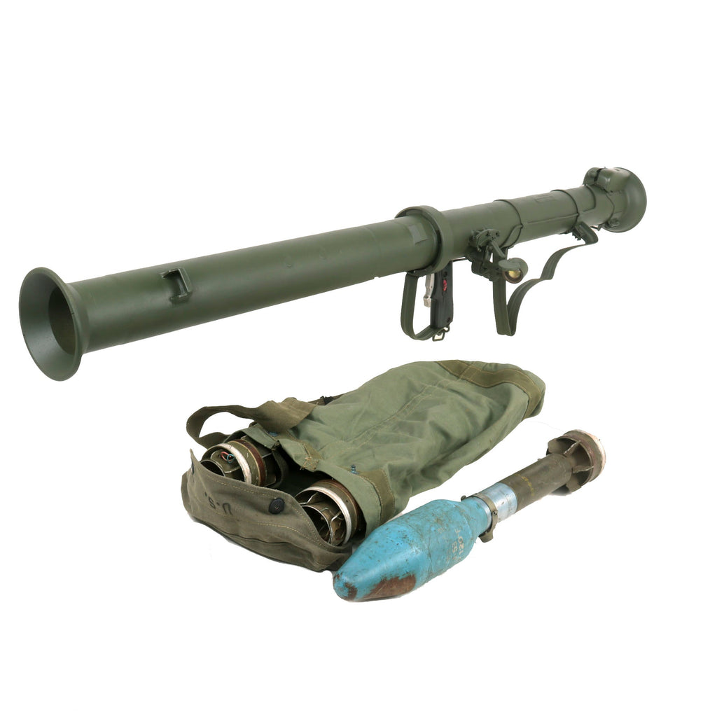 Original U.S. Deactivated M20 A1 B1 3.5 Inch Super Bazooka Rocket Launcher with Three Practice Rockets in 1944 Dated Carrier Original Items