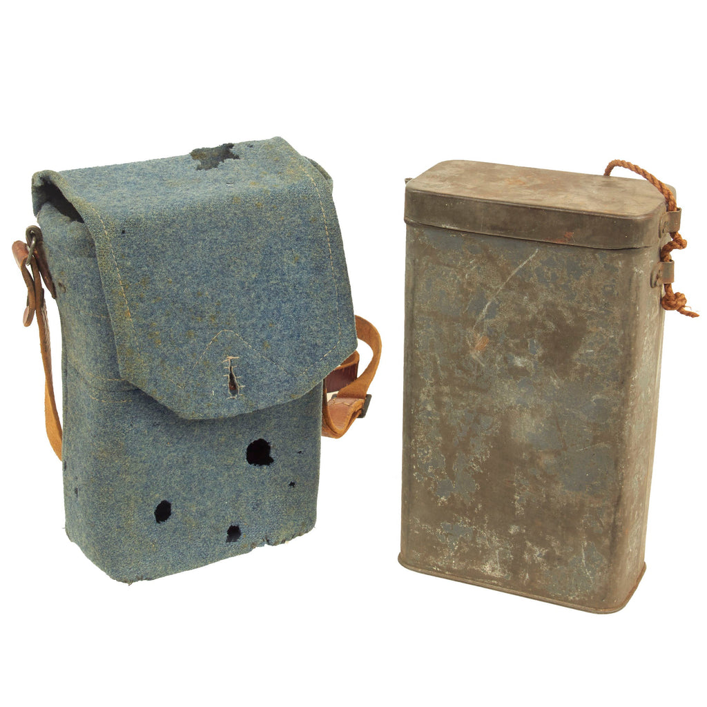 Original French WWI M2 Gas Mask Storage Tin with Officers’ Horizon Blue Wool Carry Case & Leather Strap Original Items