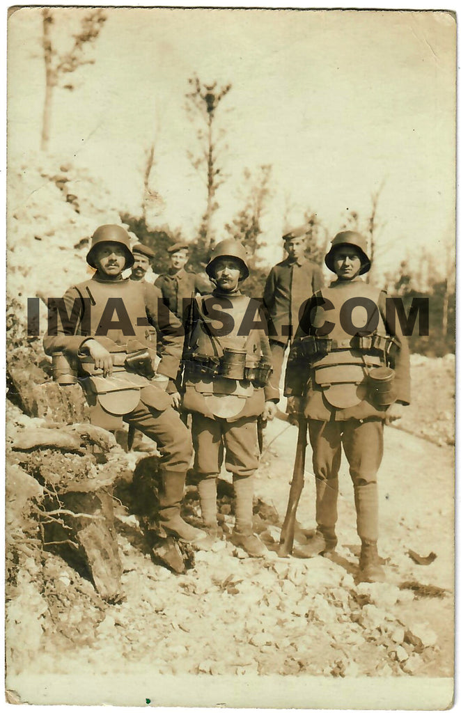 Original Imperial German WWI Postcard Photograph Featuring 3 Soldiers Wearing Modified Sappenpanzer Trench Body Armor With Writing On Back - 5 ½” x 3 ½” Original Items