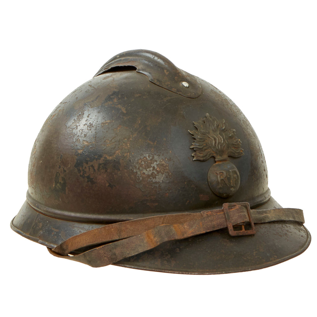 Original French WWI Issue Model 1915 Adrian Helmet in Horizon Blue with RF Badge and First Pattern Liner - Complete Original Items