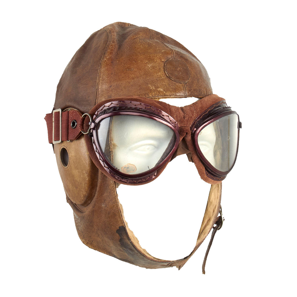 Original Japanese WWII 1942 Dated Leather Winter Flying Helmet with Pilot Goggles Original Items