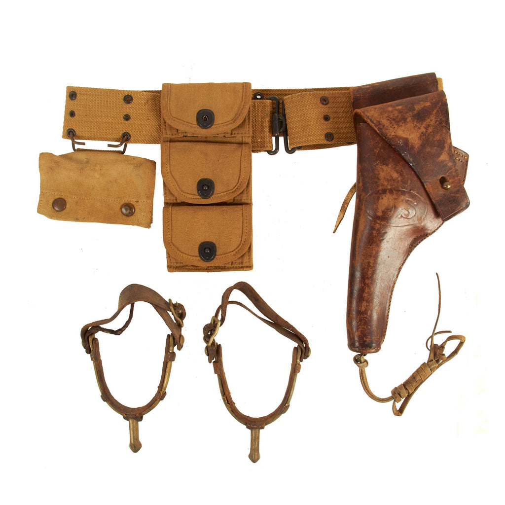 Original U.S. WWI M1917 .45 1911 Revolver Holster Belt Rig With Half Moon Clip .45 Cal 3 Pocket Pouch and Cavalry Spurs Grouping Attributed to Ex Louisiana State Senator William Jennings “Bill” Cleveland Original Items