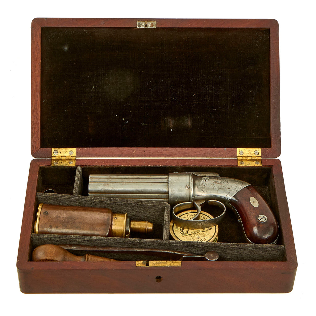 Original U.S. Cased Allen & Thurber of Norwich 1837 Patent .31cal Percussion Pepperbox Revolver with Accessories - Matching Serial 181 Original Items