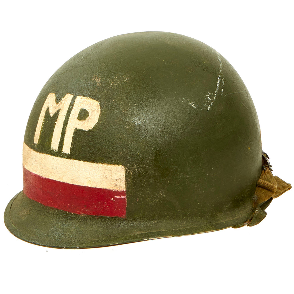 Original U.S. Vietnam War Military Police Ingersoll M1 Helmet with Overpainted 75th Ranger Regiment Flash, Liner and Chin Strap Original Items