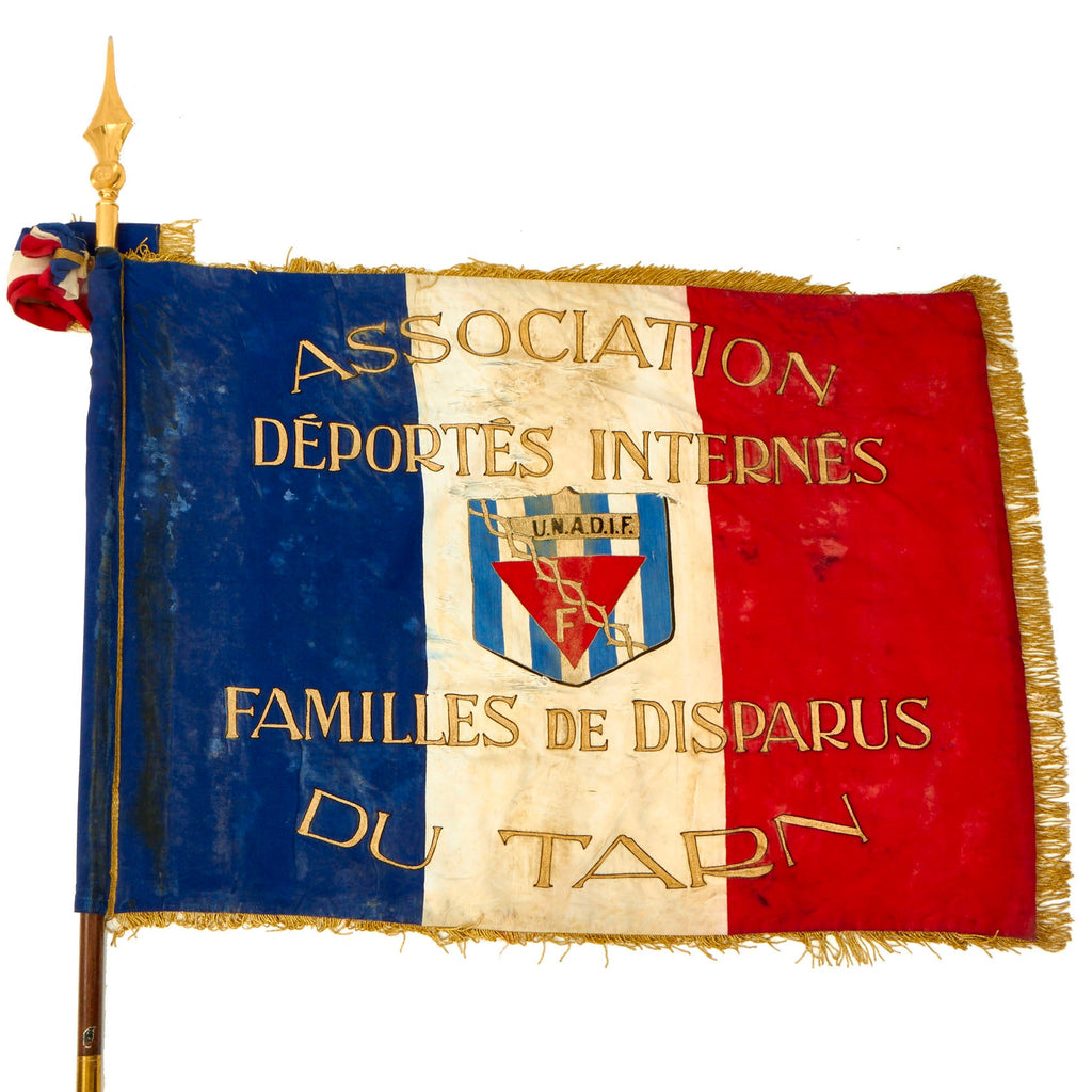 Original French Post WWII National Union of Associations of Deportees, Internees and Families of the Disappeared of Tarn, UNADIF Association Flag with Pole and Topper - Flagpole: 95”, Flag: 35” x 45” Original Items
