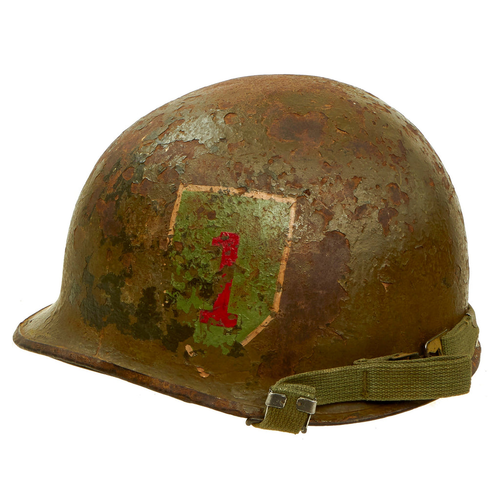 Original U.S. WWII / Korean War Era to Early Vietnam 82nd Airborne Division / 1st Infantry Division Marked M1-C Paratrooper Helmet with Paratrooper Helmet Liner by CAPAC Original Items