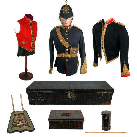 Original British Victorian Era Boer Wars Royal Artillery Colonel Grouping With Sabretache, Baldric With Pouch, Blue Cloth Dress Spike Helmet, Swagger Stick and Tin Travel Cases Original Items
