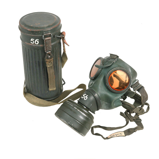 Original German WWII Named M38 Size 3 Gas Mask with Fe 37R Filter and Canister - Dated April 1942 Original Items