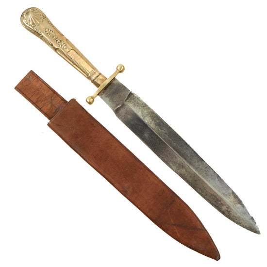 Original U.S. Late Western Gold Rush California Bowie Knife “I Can Dig Gold From Quartz” Etched Blade and Sheath by Brookes & Crookes of Sheffield Original Items
