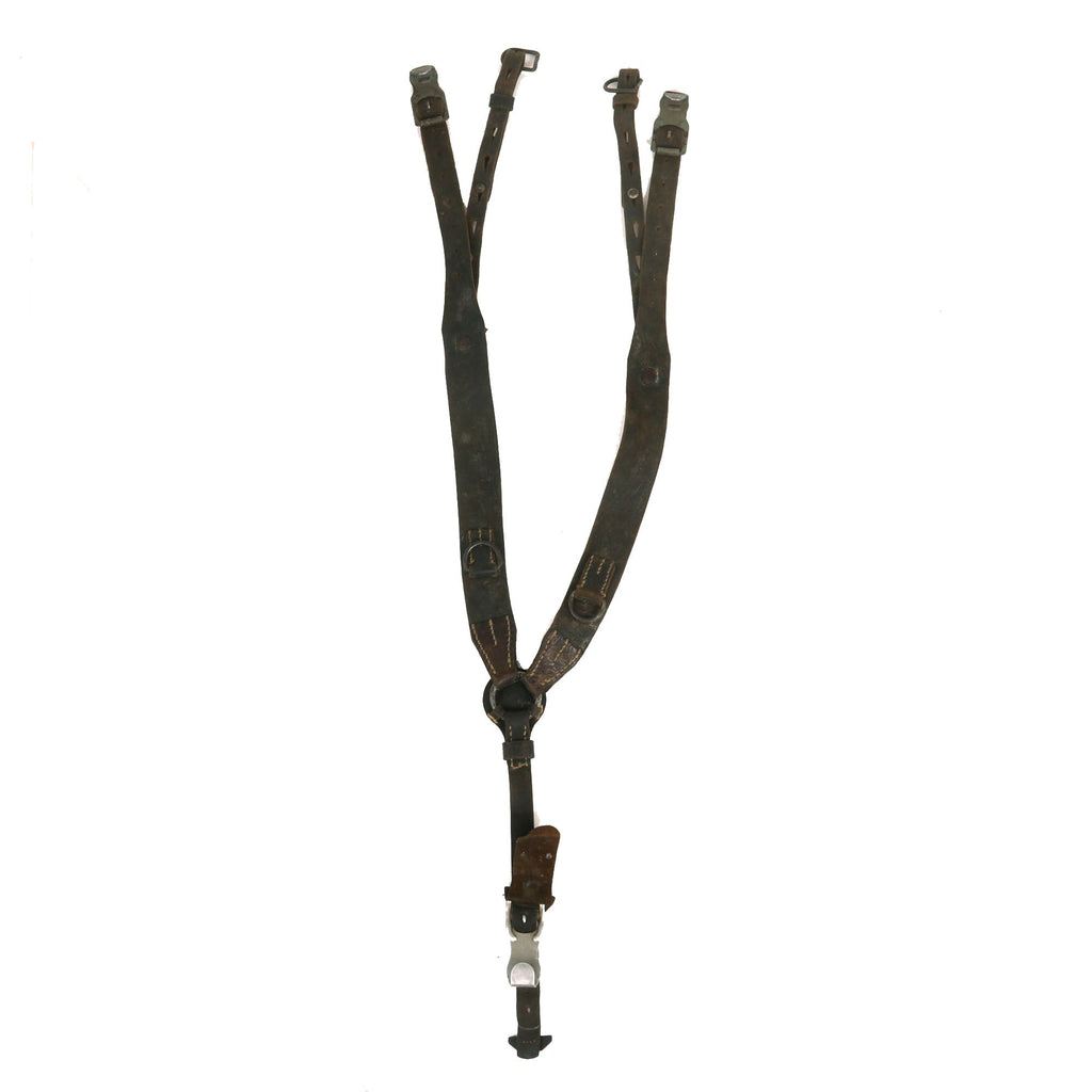 Original German WWII Kriegsmarine Coastal Artillery Leather Combat Suspender Y Straps with Faint Maker Marking Original Items