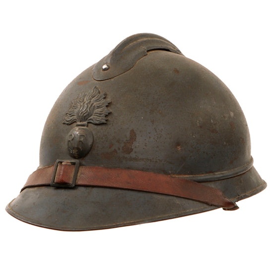 Original French WWI Issue Model 1915 Infantry Adrian Helmet in Horizon Blue with Chinstrap Stretched Over Brim - No Liner Original Items
