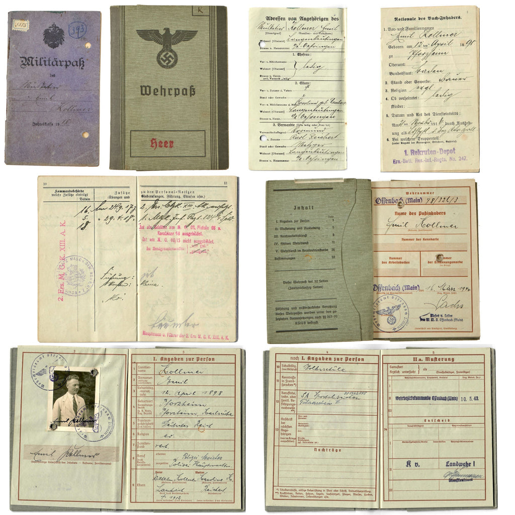 Original German WWI Militärpaß & WWII Heer Wehrpaß Military ID of WWI Veteran Musketier Emil Kollmer with Translation Original Items