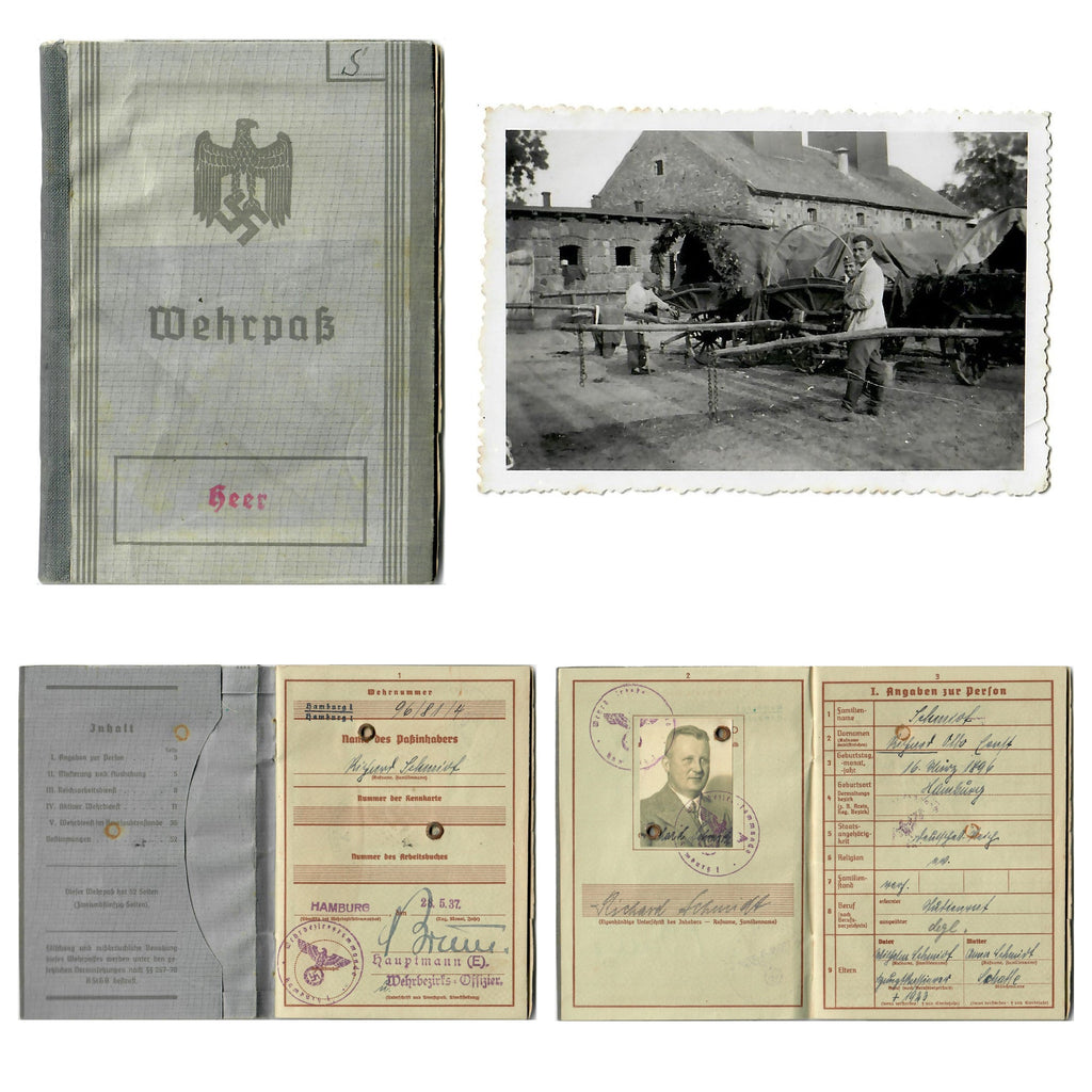 Original German WWII Heer Wehrpaß Military ID of WWI Veteran Vizewachtmeister Richard Schmidt with Translation & Photo Original Items