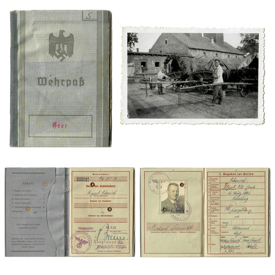 Original German WWII Heer Wehrpaß Military ID of WWI Veteran Vizewachtmeister Richard Schmidt with Translation & Photo Original Items