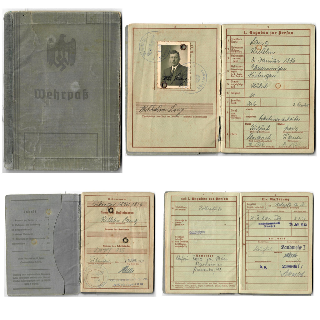 Original German WWII Wehrpaß Military ID of WWI Veteran & P.O.W. Gefreiter Wilhelm Lang with Translation Original Items