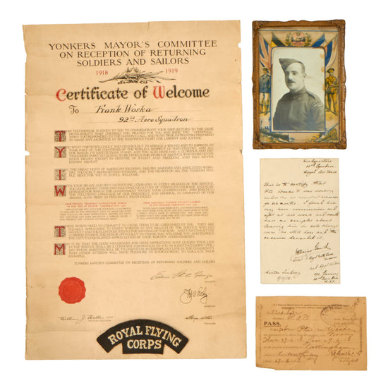 Original U.S. WWI Named 92nd Aero Squadron (Air Service) Document Grouping With British Royal Flying Corps Uniform Patch Rocker From The 33rd Squadron - Private James Woska, Worked With RFC Original Items