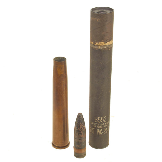 Original WWII U.S. Navy Issue 40mm M81A1 Bofors Gun Round With Original M81A1 Cardboard Tube - Dated 1943 Original Items