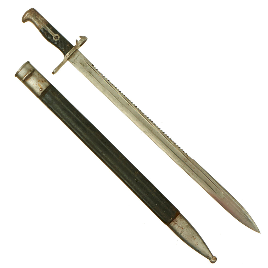 Original WWI Swiss Vetterli M1878 Sawback Sword Bayonet by S.J.G. Neuhausen with 4 Rivet Grip & Scabbard Original Items
