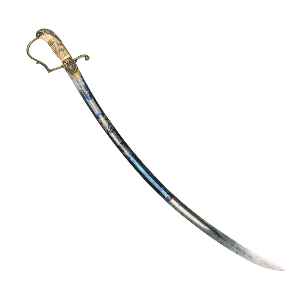 Original U.S. War of 1812 Era Mounted Officer’s Saber with Fireblued Blade with Gold-Inlay & Carved Bone Grip Original Items