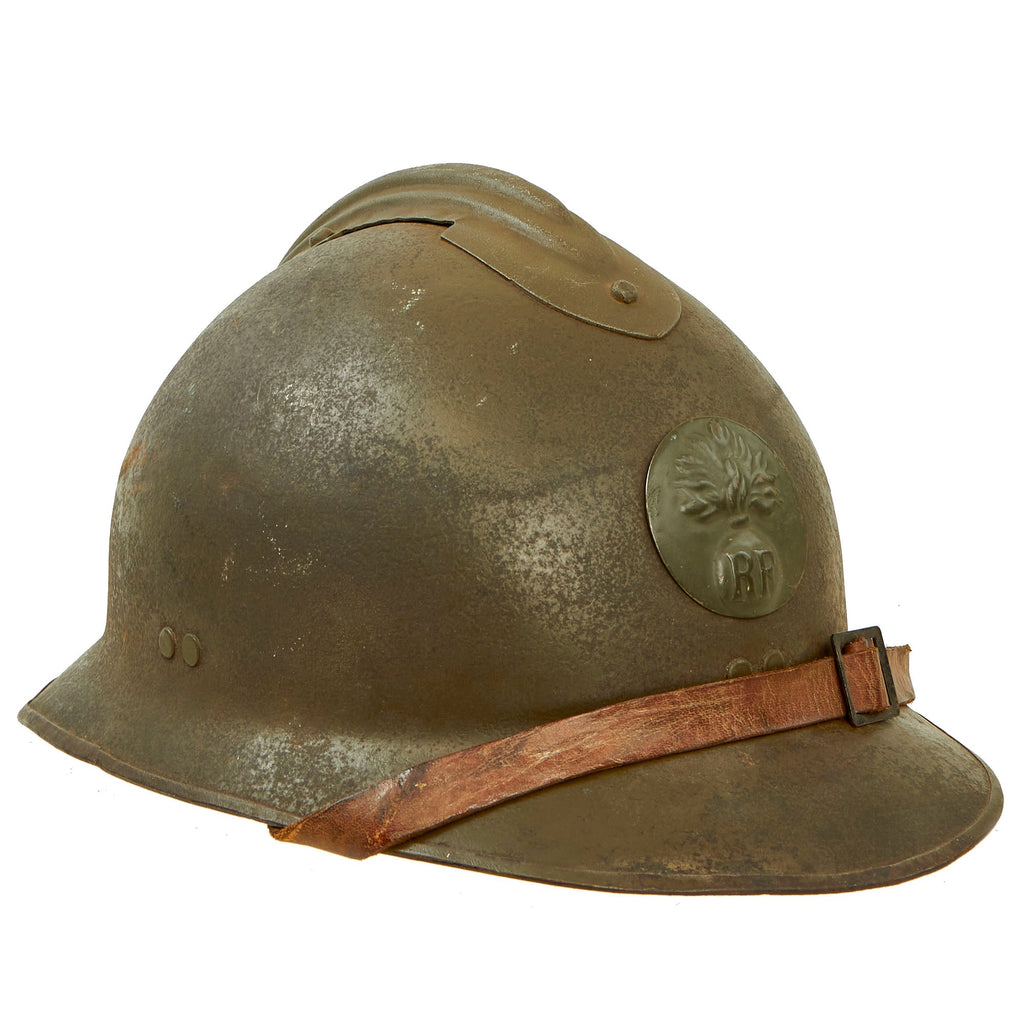 Original French WWII Model 1926 Adrian Infantry Helmet with 54cm Liner & Chinstrap - Olive Green Original Items