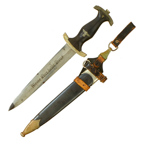 Original German WWII Early Model 1933 SS Dagger by Rare Unknown Maker with Scabbard & Rare Vertical Hanger - SS 120/34 RZM Original Items