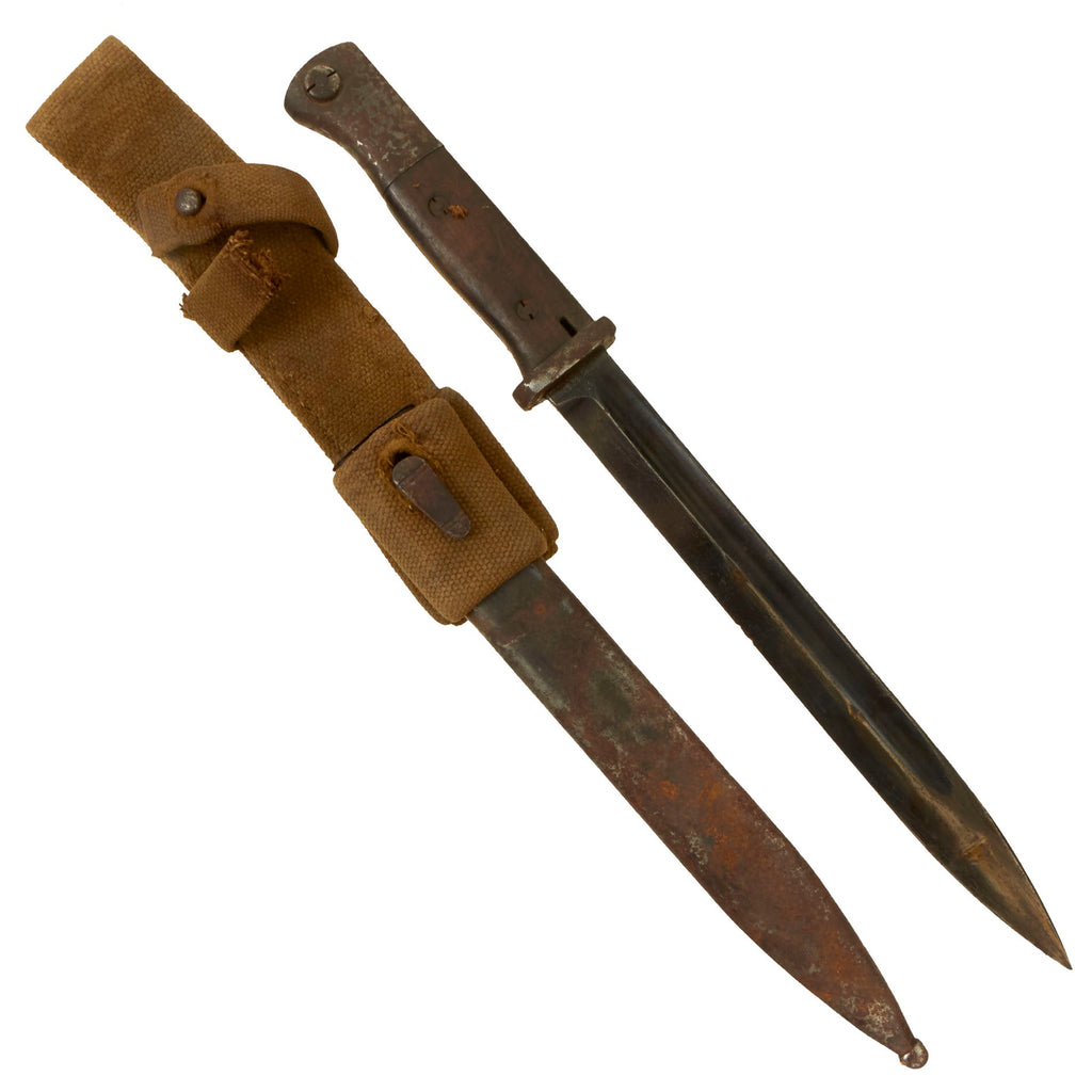 Original German WWII 98k Bayonet by E. & F. Hörster with Scabbard & Broken Tropical DAK Web Frog - Dated 1935 Original Items