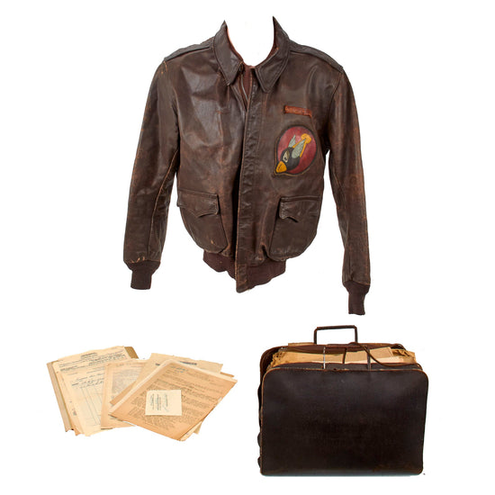 Original U.S. WWII Named Painted A-2 Leather Flight Jacket For Pilot 1st Lieutenant Raymond Bethel, 44th Bombardment Group With Extensive Collection of Documents “Flying 8-Balls” Original Items