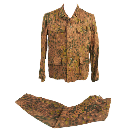 Original German WWII Waffen SS 1944 Pattern "Pea Dot" Camouflage HBT M44 Uniform Tunic & Trousers with Resewn Eagle Original Items