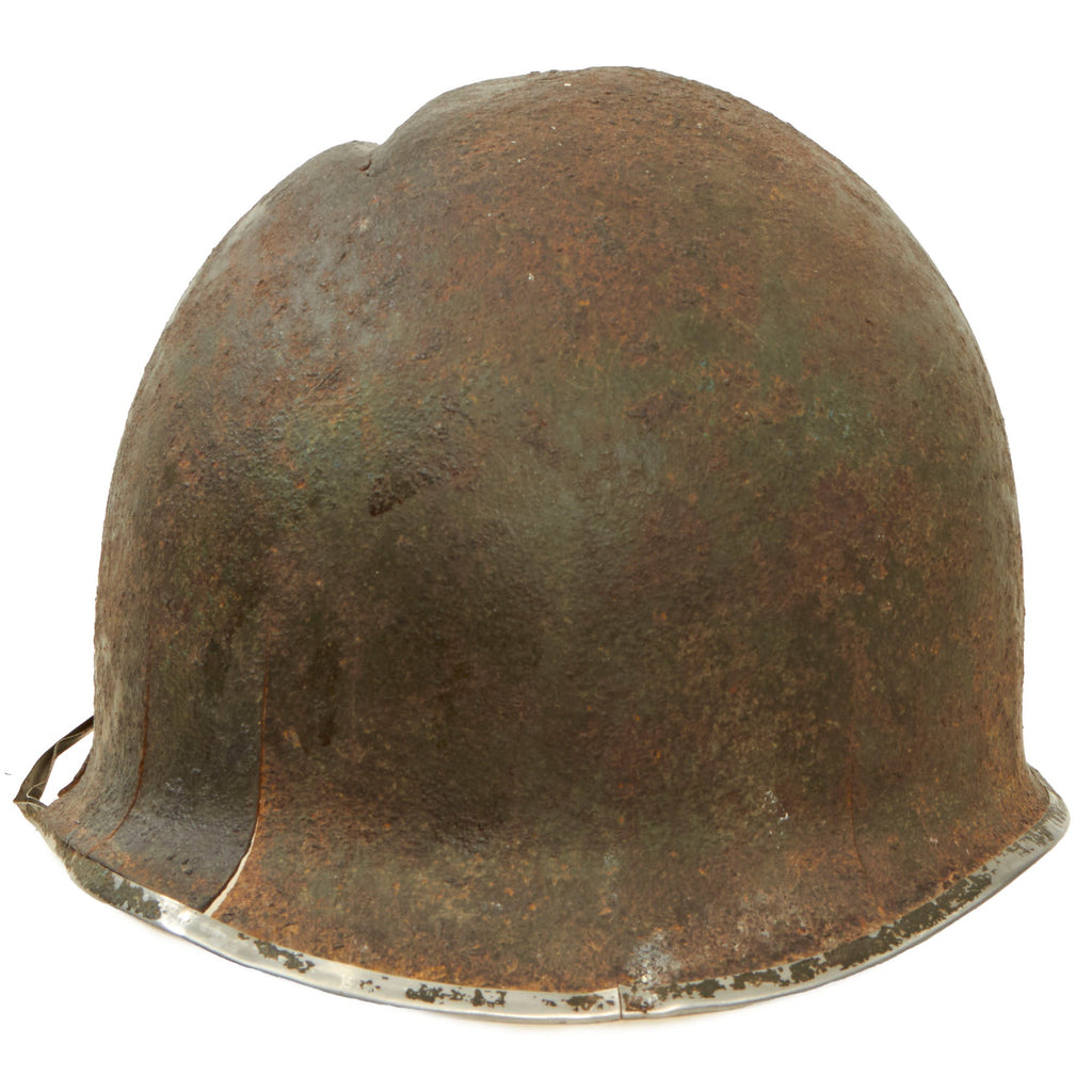 Original U.S. WWII Relic M1 Fixed Bale Front Seam Helmet Shell Recovered from Normandy in 1990s - Battle Damage Original Items