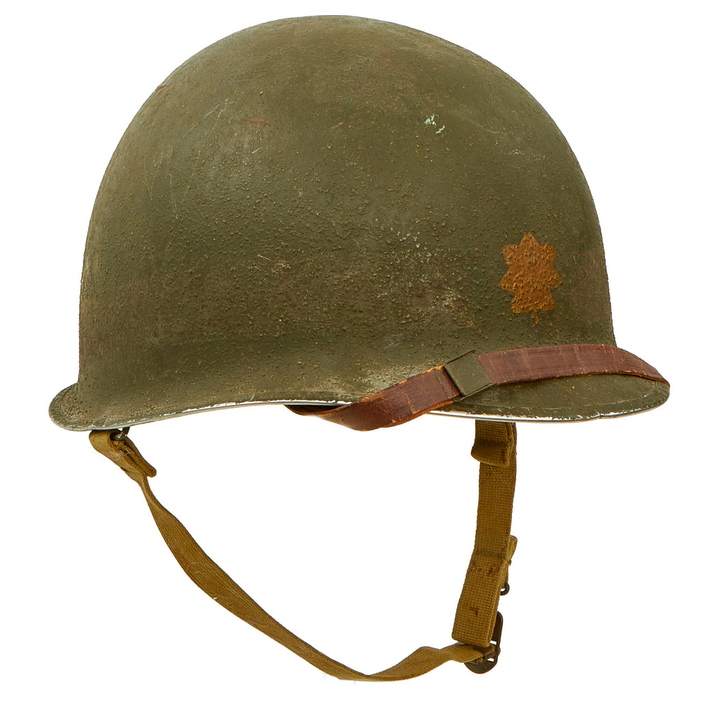 Original U.S. WWII Major’s M1 Fixed Bale Helmet with Int'l Molded Plastics Liner and Green Buckle Liner Chinstrap Original Items