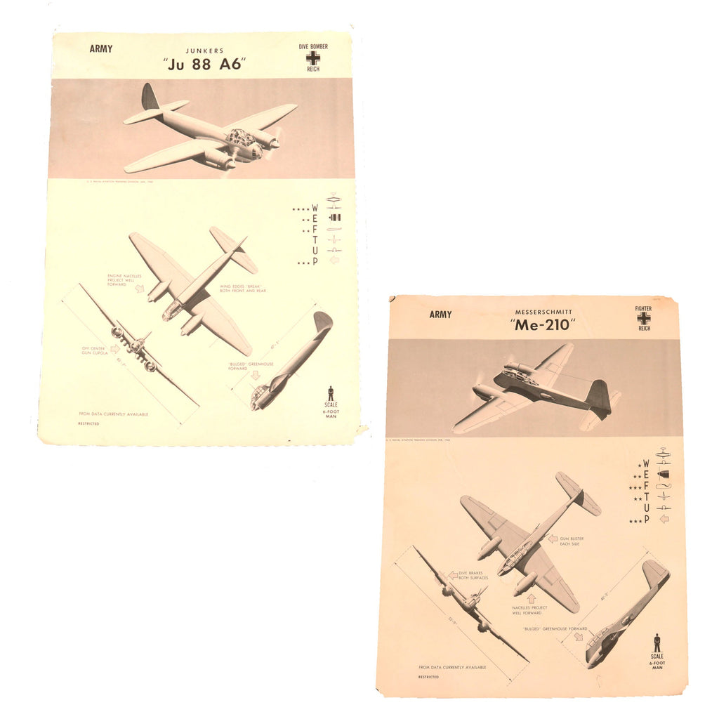 Original U.S. WWII Recognition Posters for the Messerschmitt Me-210 & the Junkers Ju 88 A6 Aircraft - Lot of Two - 18½ x 24¾” Original Items