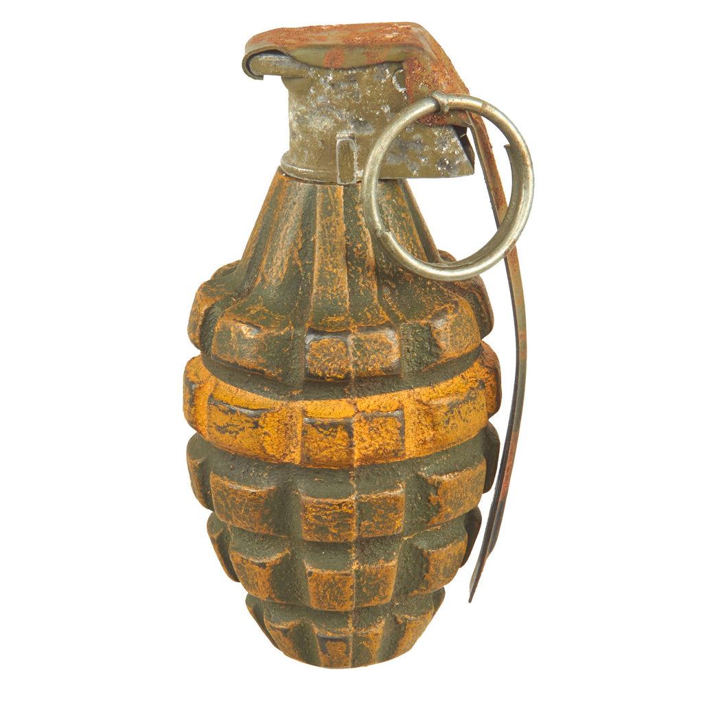 Original U.S. WWII Inert MkII Pineapple Grenade with Early “Centered” Yellow Ring & M10 Series Fuze Original Items